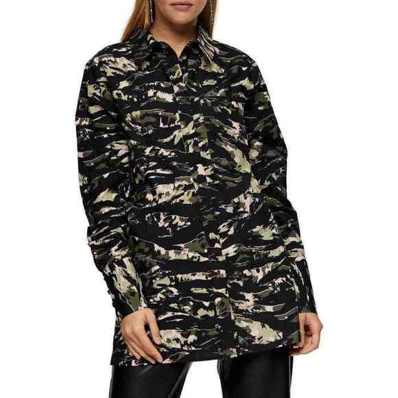 NWT Topshop Oversized Camo Long Sleeve Button Down Blouse Black Green - Picture 1 of 5